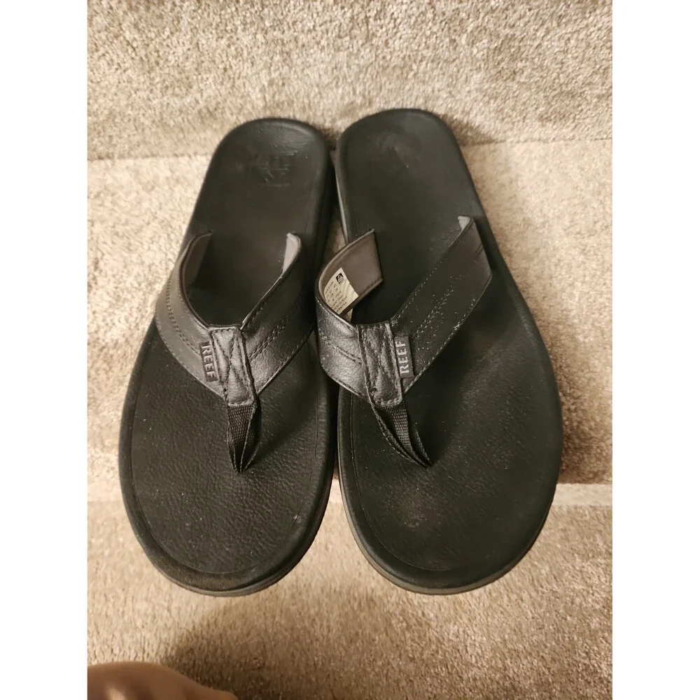 Reef Men's Black Leather Flip Flop Sandals Size 13